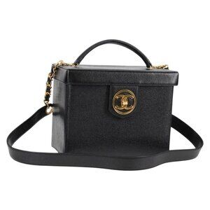 CHANEL Vanity Hand Bag Grained Calf Skin 2way Black Gold CC Auth 138563A